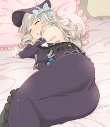 Rule 34 | 00s, 1girl, :o, ass, asso, bad id, bad pixiv id, bare shoulders, bed, bed sheet, black hat, blonde hair, blue bow, blue gemstone, blush, bonnet, bow, breasts, brooch, closed eyes, detached sleeves, dress, dungeon and fighter, frilled pillow, frills, from behind, gem, hair bow, hat, indoors, jewelry, large breasts, long hair, long sleeves, lying, on bed, on side, parted lips, pillow, sideboob, sleeveless, sleeveless dress, solo, wavy hair, wrist cuffs