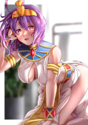 Rule 34 | 1girl, ahoge, bare shoulders, blush, breasts, cleavage, egyptian clothes, fang, highres, jashin-chan dropkick, large breasts, medusa (jashin-chan dropkick), no bra, open mouth, purple eyes, purple hair, short hair, solo, sweat, tiara