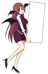 Rule 34 | 1girl, :o, bat wings, black footwear, blouse, box, breasts, collared shirt, commentary request, dot nose, dress shirt, full body, head tilt, head wings, high heels, holding, holding box, koakuma, large breasts, long hair, looking at viewer, montamontamonta, necktie, purple skirt, purple vest, red eyes, red hair, red necktie, shirt, simple background, skirt, skirt set, solo, standing, standing on one leg, template, touhou, very long hair, vest, white background, white shirt, wings