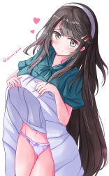Rule 34 | 1girl, absurdres, black hair, blue shirt, brown eyes, closed mouth, clothes lift, commentary request, cowboy shot, duan (duan2012), hair ornament, hairband, hairclip, haruna (kancolle), heart, highres, kantai collection, lifted by self, long hair, looking at viewer, navel, official alternate costume, panties, pleated skirt, shirt, short sleeves, simple background, skirt, skirt lift, smile, solo, twitter username, underwear, white background, white hairband, white panties, white skirt