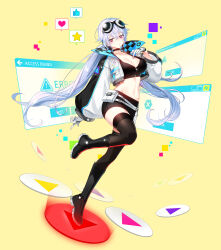 Rule 34 | 1girl, :t, absurdres, belt, belt pouch, black footwear, black skirt, black sports bra, black thighhighs, blue jacket, blush, boots, breasts, bright pupils, cleavage, closers, cropped jacket, error message, floating hair, full body, gloves, goggles, goggles on head, hand on own chest, hand up, heart, highres, jacket, knee boots, large breasts, leg up, long hair, long sleeves, looking at viewer, low twintails, miniskirt, mirae (closers), multicolored clothes, multicolored jacket, official art, open clothes, open jacket, partially fingerless gloves, pencil skirt, play button, pouch, puffy long sleeves, puffy sleeves, purple eyes, skirt, solo, spoken heart, spoken star, spoken thumbs up, sports bra, standing, standing on one leg, star (symbol), tachi-e, thighhighs, twintails, two-tone jacket, underlighting, very long hair, white belt, white gloves, white hair, white jacket, white pupils, window (computing), yellow background, zettai ryouiki, zipper, zipper pull tab
