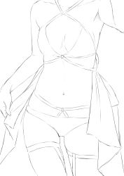 Rule 34 | 1girl, cleavage cutout, clothing cutout, collarbone, crop top, female focus, greyscale, head out of frame, highres, monochrome, navel, niwatazumi, original, panties, sketch, solo, strap, thighhighs, underwear, white background