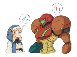 Rule 34 | 1boy, 1girl, ?, abs, androgyne symbol, arm cannon, armor, blonde hair, bridget (guilty gear), commentary, gravity suit (metroid), green eyes, guilty gear, guilty gear strive, helmet, hood, hood up, hooded jacket, hoodie, jacket, looking at another, metroid, metroid (classic), nintendo, nun, open mouth, pointy nose, power suit, samus aran, simple background, thought bubble, trap, upper body, wakaba (wata ridley), weapon, white background, white sleeves
