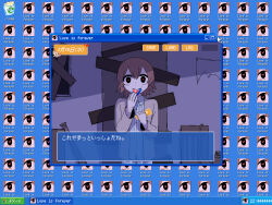Rule 34 | 1boy, avogado6, black eyes, blush, boarded door, boarded windows, brown hair, commentary, cursor, dialogue box, door, eating, english commentary, english text, fake screenshot, grey jacket, heart, heart-shaped pupils, icon (computing), jacket, long sleeves, looking at viewer, male focus, open clothes, open jacket, original, pajamas, recurring image, recycle bin, revision, short hair, solo, straight-on, striped clothes, striped pajamas, symbol-shaped pupils, timestamp, wide shot, window (computing), windows desktop, windows xp, yandere
