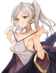 Rule 34 | 1girl, breasts, cleavage, fire emblem, fire emblem awakening, highres, looking at viewer, medium hair, nintendo, ribbed shirt, robe, robin (female) (fire emblem), robin (fire emblem), shirt, silver hair, simple background, smile, solo, twintails, white background, yellow eyes, yoru (yowuyoru)