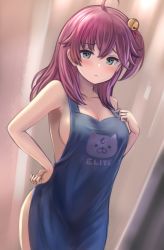 Rule 34 | 1girl, 35p (sakura miko), ahoge, alternate costume, apron, aqua eyes, armpits, bare arms, bare shoulders, bell, blue apron, blush, breasts, cleavage, closed mouth, collarbone, english text, enumiyaa, hair bell, hair between eyes, hair ornament, hand on own hip, hand on own chest, highres, hololive, jingle bell, large breasts, long hair, looking at viewer, naked apron, one side up, pink hair, sakura miko, sideboob, solo, standing, virtual youtuber