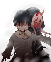 Rule 34 | 10s, 1boy, 1girl, aged down, bad id, bad pixiv id, black hair, black legwear, black robe, blood, blood on face, book, choker, coat, colored skin, darling in the franxx, green eyes, hair between eyes, highres, hiro (darling in the franxx), holding, holding book, hood, hood up, hooded robe, horns, pink hair, red skin, robe, shaded face, short hair, snow, snowing, spoilers, standing, winter, winter clothes, winter coat, yuuki mix, zero two (darling in the franxx)