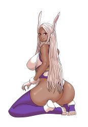Rule 34 | 1girl, absurdres, animal ears, ass, boku no hero academia, breasts, dark-skinned female, dark skin, escape1111, female focus, from behind, full body, gloves, highleg, highleg leotard, highres, impossible clothes, impossible leotard, kneeling, large breasts, leotard, long hair, looking at viewer, mirko, purple thighhighs, rabbit ears, rabbit tail, red eyes, smile, solo, spread legs, tail, thighhighs, white background, white gloves, white hair, white leotard