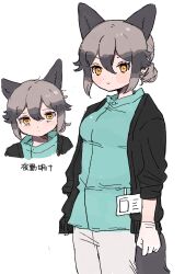 Rule 34 | 010mzam, 1girl, alternate costume, alternate hairstyle, animal ears, black sweater, blue shirt, blush, cardigan, extra ears, fox ears, fox girl, fox tail, gloves, grey hair, hair between eyes, hair up, highres, kemono friends, long sleeves, multicolored hair, multiple views, name tag, nurse, open cardigan, open clothes, orange eyes, pants, shirt, short hair, sidelocks, silver fox (kemono friends), smile, solo, sweater, tail, translation request, two-tone hair, white gloves, white pants