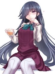 Rule 34 | alcohol, black hair, blush, breasts, closed mouth, collar, dress, glass, hair over one eye, hand on own chin, hayashimo (kancolle), heart, kantai collection, long hair, long sleeves, medium breasts, pantyhose, pleated dress, purple dress, purple eyes, shirt, simple background, sitting, smile, swept bangs, utopia, very long hair, white background, white pantyhose, white shirt