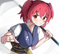 Rule 34 | 1girl, breasts, bright pupils, commentary, flower in mouth, hair bobbles, hair ornament, holding, holding scythe, large breasts, looking at viewer, medium breasts, onozuka komachi, red eyes, red hair, scythe, short sleeves, simple background, smile, solo, spam (spamham4506), touhou, two side up, upper body, white background, white pupils