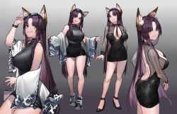 Rule 34 | 1girl, absurdres, alternate costume, animal ear fluff, animal ears, backless dress, backless outfit, bare legs, bare shoulders, black dress, black footwear, black shirt, black shorts, breasts, casual, commentary, commission, contemporary, covered navel, dress, eyewear on head, fox ears, gradient background, grey background, high heels, highres, kamidori alchemy meister, kohakuren, large breasts, long hair, looking at viewer, micro shorts, multiple views, nail polish, neonbeat, no tail, parted bangs, parted lips, purple hair, purple nails, shirt, shoes, shorts, simple background, sleeveless, sleeveless shirt, smile, sunglasses, very long hair, watch, wide sleeves, wristwatch, yellow eyes