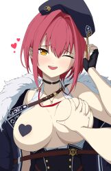 Rule 34 | 1girl, :d, absurdres, beret, black gloves, blush, breasts, breasts out, commentary, daydarion, fingerless gloves, gloves, grabbing, grabbing another&#039;s breast, hat, heart, heart-shaped pupils, heart pasties, heterochromia, highres, hololive, houshou marine, houshou marine (businesswoman), jewelry, lanyard, large breasts, looking at viewer, necklace, one eye closed, open mouth, pasties, pov, pov hands, red hair, short hair, simple background, smile, symbol-shaped pupils, upper body, virtual youtuber, white background, yellow eyes