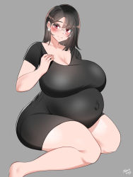 Rule 34 | 1girl, absurdres, artist name, bayoshii, big belly, black dress, black hair, blush, breasts, cleavage, curvy, dress, earrings, glasses, high heels, highres, huge breasts, jewelry, looking at viewer, medium hair, navel, original, outie navel, pregnant, pumps, red eyes, shoes, sidelocks, signature, simple background, sitting, smile, solo, thick thighs, thighs, wide hips