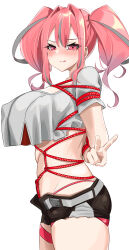 Rule 34 | 1girl, :p, absurdres, arms behind back, azur lane, bdsm, belt, bikini, black shorts, blush, bondage, bound, bound arms, breasts, bremerton (azur lane), commentary request, covered erect nipples, cowboy shot, crop top, crop top overhang, crotch rope, grey belt, grey hair, groin, hair between eyes, hair intakes, highleg, highleg bikini, highres, large breasts, long hair, looking at viewer, midriff, multicolored hair, no mole, nose blush, open fly, pink bikini, pink eyes, pink hair, red rope, rope, seirein (seireinnnn), shibari, shibari over clothes, shirt, short shorts, short sleeves, shorts, sidelocks, simple background, skindentation, smile, solo, standing, streaked hair, swimsuit, thigh strap, tongue, tongue out, twintails, two-tone hair, two-tone shirt, v, white background, white shirt