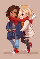 Rule 34 | 2girls, artist request, blush, couple, highres, mercy (overwatch), multiple girls, overwatch, overwatch 1, pharah (overwatch), scarf, tagme, yuri
