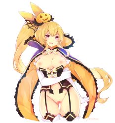 Rule 34 | 1girl, animal ears, black thighhighs, blonde hair, blush, bow, breasts, breasts out, candy, censored, corset, cowboy shot, cygames, dragalia lost, elbow gloves, elisanne, fake animal ears, food, garter straps, gloves, hair ribbon, halloween, high collar, highres, jack-o&#039;-lantern, large breasts, lollipop, long hair, medium breasts, navel, nintendo, nipples, open mouth, ponytail, pumpkin, purple eyes, pussy, rabbit ears, ribbon, simple background, solo, thighhighs, thighs, very long hair, white background, white elbow gloves, white gloves