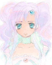 Rule 34 | 00s, 1girl, blue eyes, brooch, choker, derison, forehead jewel, jewelry, light purple hair, long hair, meredy (tales), official alternate costume, pale color, parted bangs, sad, solo, tales of (series), tales of eternia, twintails, upper body