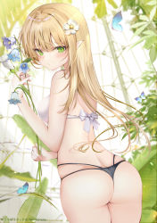 Rule 34 | 1girl, animal, ass, black panties, blonde hair, blue flower, blurry, blurry background, blush, bra, bug, butt crack, butterfly, closed mouth, commentary request, depth of field, elf, flower, from behind, green eyes, hair between eyes, hair flower, hair ornament, insect, long hair, looking at viewer, looking back, original, panties, pointy ears, pon (ponidrop), purple flower, solo, underwear, underwear only, very long hair, white bra, white flower