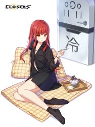 Rule 34 | 1girl, :t, bare legs, black shirt, black socks, breast pocket, closers, collarbone, collared shirt, eating, flat chest, highres, holding, jewelry, long hair, looking at viewer, mat, necklace, official art, parfait, partially unbuttoned, pillow, pocket, red eyes, red hair, shirt, socks, solo, spoon, tina (closers)