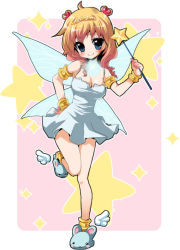 Rule 34 | 1girl, animal slippers, anklet, apron, armlet, blue eyes, blush, bracelet, breasts, brown hair, bunny slippers, chikkuru, cleavage, curly hair, dress, fairy wings, female focus, gaia online, glowing, hair ornament, hand on own hip, jewelry, large breasts, long hair, looking at viewer, nail polish, naked apron, necklace, slippers, smile, solo, star (symbol), tiara, wand, wings