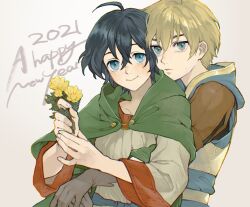 Rule 34 | 2boys, ahoge, black hair, blonde hair, blue eyes, cape, closed mouth, flower, gensou suikoden, gensou suikoden v, gloves, happy new year, highres, hug, hug from behind, looking at viewer, multiple boys, natsuo (hatohaco), new year, simple background, smile