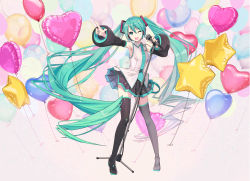Rule 34 | 1girl, aqua eyes, aqua hair, aqua nails, aqua necktie, armpits, balloon, bare shoulders, belt, black skirt, black sleeves, black thighhighs, boots, commentary request, contrapposto, detached sleeves, grey shirt, hair ornament, hatsune miku, headphones, headset, heart, heart balloon, heart balloon, highres, holding, holding microphone, index finger raised, ixima, long hair, looking at viewer, microphone, microphone stand, miniskirt, nail polish, necktie, one eye closed, open mouth, outstretched arm, pleated skirt, shirt, skirt, sleeveless, sleeveless shirt, smile, solo, star-shaped balloon, star (symbol), thigh boots, thighhighs, twintails, very long hair, vocaloid, wide shot, zettai ryouiki