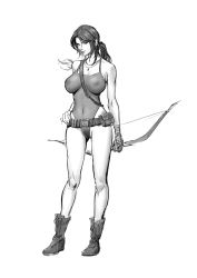 Rule 34 | 1girl, aged up, bad id, bad pixiv id, bandaged hand, belt, boots, bow (weapon), breasts, cameltoe, curvy, female pubic hair, full body, greyscale, groin, hand on own hip, highres, holding, holding bow (weapon), holding weapon, jewelry, lara croft, large breasts, leotard, long hair, looking at viewer, monochrome, navel, necklace, nipples, one-piece swimsuit, ponytail, pouch, pubic hair, see-through, simple background, sketch, smile, solo, standing, swimsuit, tomb raider, tomb raider (reboot), weapon, white background, zjl baiqishi