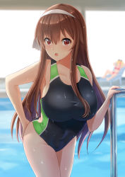 Rule 34 | .live, 1girl, blurry, blurry background, blush, brown hair, collarbone, competition swimsuit, hair between eyes, headband, highres, long hair, looking at viewer, navel, one-piece swimsuit, open mouth, pool, red eyes, solo, swimsuit, tipo (tipoplaza), virtual youtuber, wet, yaezawa natori