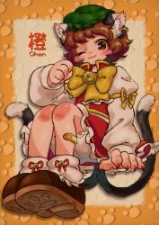 Rule 34 | 1girl, ;3, animal ear fluff, animal ear piercing, animal ears, bandaid, bandaid on leg, bell, bloomers, blush stickers, bow, bowtie, brown background, brown footwear, brown hair, cat ears, cat tail, character name, chen, commentary request, earrings, full body, gold trim, green hat, hand up, hat, highres, invisible chair, jewelry, jingle bell, juliet sleeves, long sleeves, looking at viewer, mob cap, multiple tails, nail polish, nekomata, nekosyatyou, one eye closed, paw pose, paw print, paw print background, paw print soles, puffy sleeves, red eyes, red nails, red skirt, red vest, short hair, simple background, single earring, sitting, skirt, skirt set, slit pupils, solo, tail, touhou, two tails, underwear, vest, yellow bow, yellow bowtie