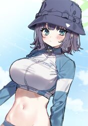 Rule 34 | 1girl, absurdres, aqua eyes, bikini, bikini bottom only, blue archive, blue bikini, blue hair, blue headwear, blue jacket, blue sky, blush, breasts, bucket hat, closed mouth, cloud, cloudy sky, commentary request, halo, hat, highres, jacket, large breasts, long sleeves, looking at viewer, midriff, multicolored clothes, multicolored jacket, navel, official alternate costume, raglan sleeves, rash guard, saki (blue archive), saki (swimsuit) (blue archive), sakura yuki (clochette), short hair, sketch, sky, solo, stomach, swimsuit, two-tone jacket, upper body, white jacket, yellow halo