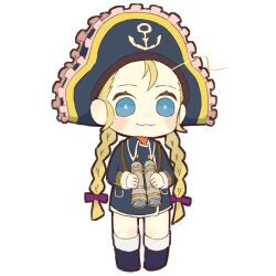 Rule 34 | 1girl, :3, binoculars, blonde hair, blue eyes, blue shirt, braid, closed mouth, commentary, eyelashes, full body, hat, holding, holding binoculars, long hair, low-tied long hair, patty fleur, pirate hat, shirt, simple background, smile, solo, standing, sugara 10, symbol-only commentary, tales of (series), tales of vesperia, twin braids, white background