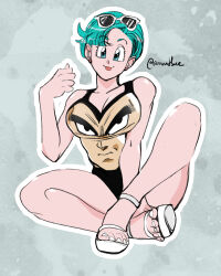 Rule 34 | 1girl, blue eyes, blue hair, breasts, bulma, cleavage, dragon ball, dragon ball super, earrings, grin, highres, jewelry, large breasts, legs, looking at viewer, navel, sitting, smile, sunglasses, tongue, tongue out, vegeta