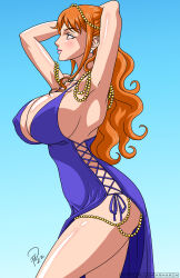 Rule 34 | 1girl, absurdres, alternate costume, blue dress, breasts, cleavage, dress, highres, huge breasts, large breasts, long dress, long hair, nami (one piece), nami (one piece) (post-timeskip), nami (one piece) (zou), official alternate costume, one piece, orange hair, revealing clothes, short dress, wide hips