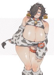 Rule 34 | 1girl, :&lt;, abstract background, ahoge, animal ears, animal print, areola slip, barcode, bare shoulders, bell, black hair, blue eyes, blush, breasts, cleavage, cleavage cutout, closed mouth, clothing cutout, collar, cow ears, cow girl, cow print, cow tail, cowboy shot, dated, detached sleeves, ear tag, furrowed brow, glasses, grid background, hand on own thigh, heart, highres, holding tail, horns, huge breasts, indie virtual youtuber, kneehighs, leaning forward, long sleeves, looking at viewer, muroku-chan (muroku), muroku (aimichiyo0526), name tag, neck bell, no bra, no nose, plump, safety pin, semi-rimless eyewear, shadow, shiny skin, signature, skindentation, socks, solo, standing, tail, tareme, thick eyebrows, thick thighs, thigh strap, thighs, under-rim eyewear, underbust, virtual youtuber, white background