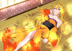 Rule 34 | 1girl, absurdres, ahoge, alternate costume, artist request, bare shoulders, black sash, blonde hair, blush, breasts, cleavage, collarbone, female focus, from above, grin, hand up, highres, indoors, japanese clothes, kimono, large breasts, long hair, looking at viewer, lying, neck, off shoulder, on back, on floor, orange kimono, parted lips, patterned kimono, print kimono, purple eyes, rwby, sash, side slit, smile, solo, tatami, very long hair, wide sleeves, yang xiao long