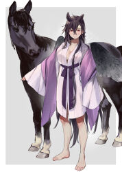 Rule 34 | 1girl, alternate costume, animal ears, arm up, bare legs, barefoot, black hair, breasts, cleavage, closed mouth, commentary request, full body, grey background, hair between eyes, horse, horse ears, kurokoma saki, large breasts, long hair, looking at viewer, no headwear, pegasus wings, red eyes, simple background, smile, solo, standing, syuri22, toes, touhou