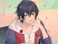 Rule 34 | 1boy, :d, black hair, chisumi, collarbone, commentary request, confetti, fang, green eyes, hair between eyes, heterochromia, highres, hood, hood down, hoodie, hypnosis mic, jacket, long sleeves, looking at viewer, male focus, open clothes, open jacket, open mouth, red eyes, red jacket, smile, solo, upper body, white hoodie, yamada ichiro