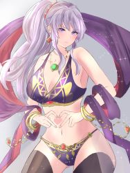 Rule 34 | 1girl, absurdres, bare arms, bare shoulders, black thighhighs, bracelet, breasts, cleavage, commentary request, cowboy shot, crop top, earrings, fire emblem, fire emblem: genealogy of the holy war, gluteal fold, grey background, heart, heart hands, highres, ishtar (fire emblem), jewelry, large breasts, long hair, looking at viewer, midriff, navel, necklace, nintendo, peli cantaro, ponytail, purple eyes, purple hair, shawl, sidelocks, solo, stomach, thighhighs