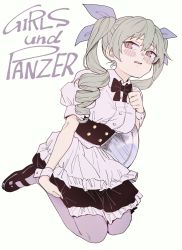 Rule 34 | 1girl, anarogumaaa, anchovy (girls und panzer), apron, black bow, black bowtie, black dress, blue ribbon, blush, bow, bowtie, collared shirt, commentary, copyright name, dress, drill hair, frown, girls und panzer, green hair, grey pantyhose, hair ribbon, half-closed eyes, highres, holding, holding tray, long hair, looking at viewer, mary janes, medium dress, open mouth, pantyhose, puffy short sleeves, puffy sleeves, red eyes, ribbon, shirt, shoes, short sleeves, simple background, sitting, solo, tray, twin drills, twintails, waist apron, waitress, wariza, white apron, white background, wing collar, wrist cuffs