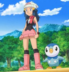 Rule 34 | 00s, 1girl, bare legs, blue eyes, blue hair, boots, breasts, creatures (company), dawn (pokemon), forest, full body, game freak, gen 4 pokemon, grass, hair ornament, highres, legs, long hair, looking away, miniskirt, mountain, nature, nintendo, piplup, pokemon, pokemon (anime), pokemon (creature), pokemon dppt (anime), scarf, screencap, shiny skin, simple background, skirt, sky, small breasts, smile, standing, thighs, third-party edit