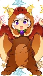 Rule 34 | + +, 1girl, :3, :d, arms up, blush, brown cape, butter, cape, cookie run, food, food-themed clothes, highres, hood, hood up, kaoling, long sleeves, looking at viewer, open mouth, outstretched arms, pancake cookie, purple eyes, short hair, smile, solid oval eyes, solo, spread arms, star (symbol), starry background, v-shaped eyebrows, white background, white hair