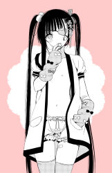 Rule 34 | 1boy, bandages, blush, bow, candy, fingerless gloves, food, gloves, hair bobbles, hair ornament, hair ribbon, highres, lollipop, long hair, looking at viewer, male focus, monochrome, mukuro (sakiyo cake), navel, open clothes, open mouth, open shirt, original, ribbon, sakiyo cake, shirt, shorts, simple background, solo, thighhighs, tongue, tongue out, trap, twintails, very long hair