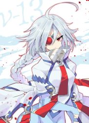 Rule 34 | &gt;:(, 1girl, ahoge, blazblue, braid, bridal gauntlets, capelet, character name, closed mouth, eyepatch, frown, groin, high collar, long hair, looking at viewer, nu-13, oota minoru, red eyes, red ribbon, ribbon, silver hair, single braid, solo, tsurime, unitard, upper body, v-shaped eyebrows