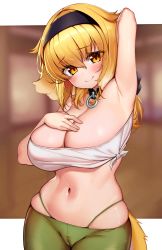 Rule 34 | 1girl, absurdres, arm up, armpit lips, armpits, bandeau, blonde hair, blush, breasts, cameltoe, cleavage, collar, curvy, g-string, hand on own chest, highres, isekai meikyuu de harem wo, kaptivate, large breasts, looking at viewer, midriff, navel, roxanne (isekai meikyuu de harem wo), slave, solo, strapless, thong, tube top, yellow eyes