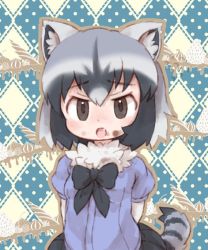 Rule 34 | 10s, 1girl, animal ears, argyle, argyle background, argyle clothes, arms behind back, black bow, black bowtie, black hair, black skirt, bow, bowtie, breasts, brown eyes, chocolate, common raccoon (kemono friends), eyebrows, fang, food, food on face, fur collar, furrowed brow, grey hair, hair between eyes, kemono friends, kolshica, looking at viewer, miniskirt, multicolored hair, open mouth, pleated skirt, polka dot, polka dot background, purple shirt, raccoon ears, raccoon tail, shirt, short hair, skirt, small breasts, solo, striped tail, tail, white hair