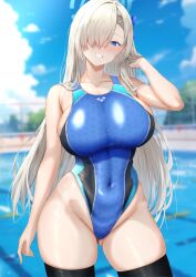 Rule 34 | 1girl, alternate costume, arena (company), asuna (blue archive), asymmetrical bangs, bare shoulders, black thighhighs, blue archive, blue eyes, blue halo, blue leotard, blue one-piece swimsuit, blue sky, blush, breasts, cleavage, collarbone, competition swimsuit, covered navel, fence, hair ornament, hair over one eye, hair over shoulder, halo, hand in own hair, hand up, highleg, highleg swimsuit, huge breasts, leotard, light brown hair, long hair, looking at viewer, multicolored clothes, multicolored swimsuit, one-piece swimsuit, open mouth, pool, ranhatu, sideboob, skindentation, sky, smile, solo, swimsuit, thick thighs, thighhighs, thighs