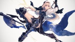 Rule 34 | 1girl, banner, blonde hair, blue eyes, boots, copyright request, flag, gauntlets, grey background, hairband, hand up, highres, holding, holding sword, holding weapon, long hair, long sleeves, looking afar, looking to the side, low-tied long hair, armored boots, parted lips, rean (r ean), shingeki no bahamut, shirt, solo, sword, very long hair, weapon, white shirt