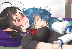 Rule 34 | 2girls, @ @, ahoge, black dress, black hair, blue hair, blush, bow, bowtie, breasts, closed eyes, closed mouth, commentary request, dress, drooling, flying sweatdrops, houjuu nue, indoors, juliet sleeves, kitano (kitanosnowwhite), long sleeves, lying, medium breasts, multiple girls, on back, pillow, pointy ears, puffy sleeves, red bow, red bowtie, red eyes, short hair, sleeping, sleeping on person, sleeveless, tatara kogasa, touhou, wavy mouth
