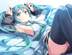 Rule 34 | 1girl, aqua eyes, aqua hair, armpits, arms up, black thighhighs, breasts, commentary, detached sleeves, hatsune miku, highres, long hair, looking at viewer, lying, matsuuni, necktie, on back, pleated skirt, resolution mismatch, sideboob, sidelocks, skirt, solo, source smaller, thighhighs, twintails, very long hair, vocaloid